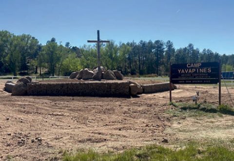 One of the major projects was building a new entrance to Camp Yavapines. Moving the cross and building the Gabion walls to terrace the landscaping feature required lots of manpower and hours.