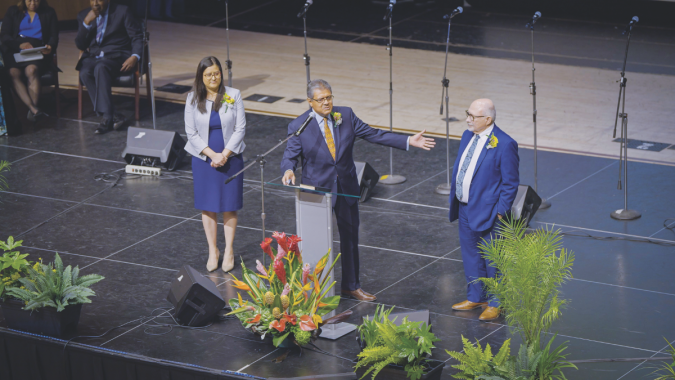 Left to right: Southern California Conference executive officers Kathleen V. Diaz, treasurer/CFO; Velino A. Salazar, president; and John H. Cress, executive secretary, shared updates on finances, evangelism, and membership from the last few years. 
