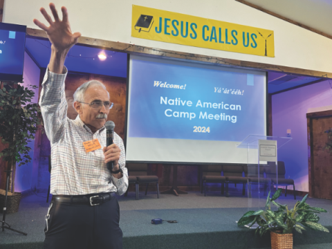 Assistant to the President for Native American Ministries Dale Wolcott welcomes attendees to the 2024 Arizona Conference Native American Camp Meeting.