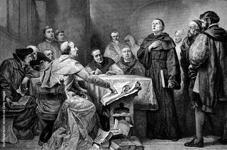 In an illustration from the 19th century, Martin Luther defends himself against cardinal Cajetan in Augsburg.
